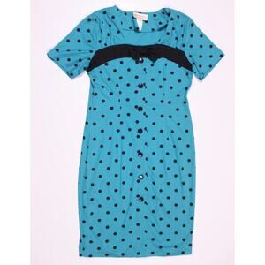 Vintage 80s 90s dress polka dot blue bow sheath sz M